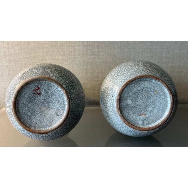 Vintage Japanese Raku Crackle Glaze Studio Art Pottery Showa Period Gourd Shape Vases - A Pair For Sale - Image 14 of 17