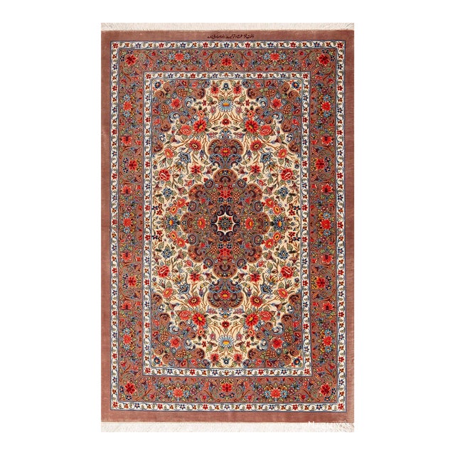 Nazmiyal Collection 1950s Fine Floral Design Vintage Persian Silk Qum Rug For Sale