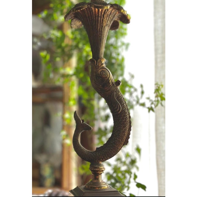 Vintage Table Lamp with Bronze Dolphin on Black Marble Base, 1950 For Sale - Image 10 of 14