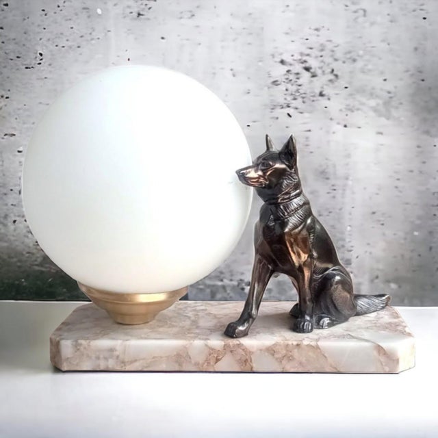 Black Vintage German Shepherd Table Lamp with Opaline Glass Globe from Tedd, 1930s For Sale - Image 8 of 10