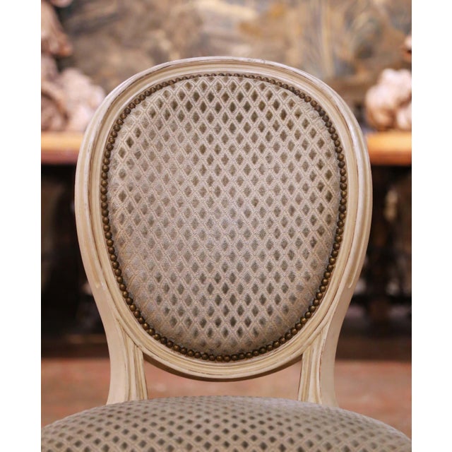 French Mid-Century French Louis XVI Painted Dining Side Chairs With Fabric, Set of 4 For Sale - Image 3 of 11