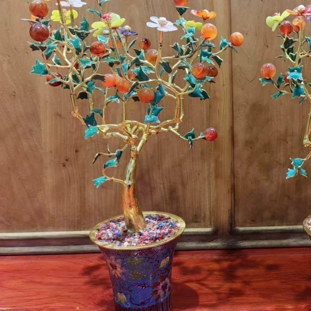 Asian Pair of Vintage Gemstone & Cloisonné Enamel Bonsai Trees – Agate, Crystal & Pearl Fruit For Sale - Image 3 of 12