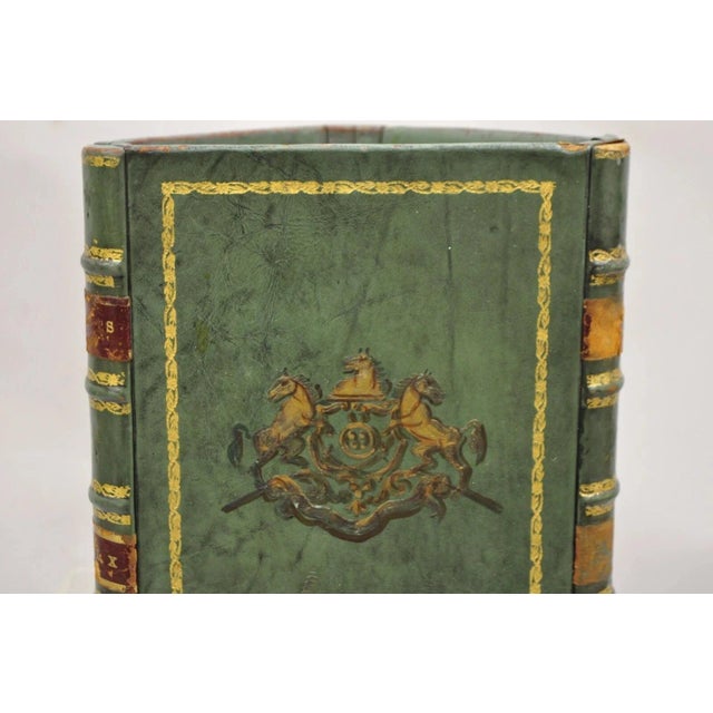 Early 20th Century Vintage Italian Regency Green Leather Triangular Book Form Wastebasket Trash Can For Sale - Image 5 of 12