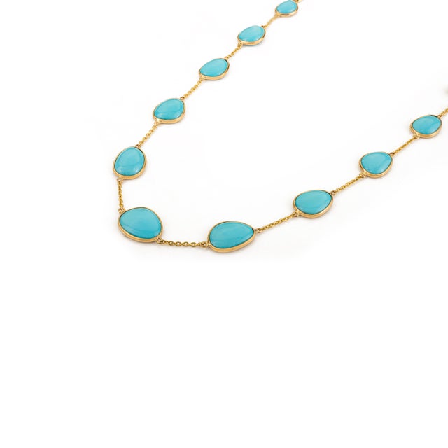 Boho Chic Style 24.26 Ct Turquoise Cabochon Station Necklace in 14k Gold For Sale In New York - Image 6 of 14