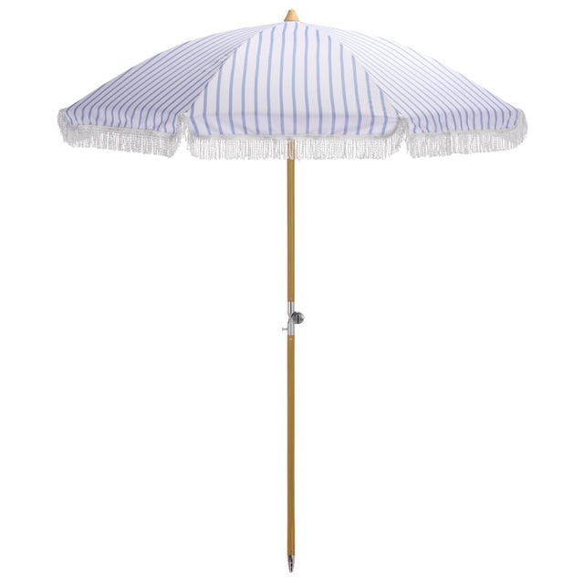 Baby Blue Bella 6.5 Ft Beach Fringed Umbrella, Baby Blue Bistro Stripe For Sale - Image 8 of 8