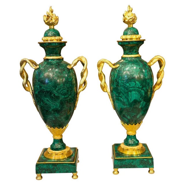 Large Ormolu Mounted Malachite Empire Style Vases, Set of 2 For Sale - Image 10 of 10
