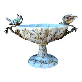Vintage Floral Glazed Ceramic Pedestal Cache Pot For Sale