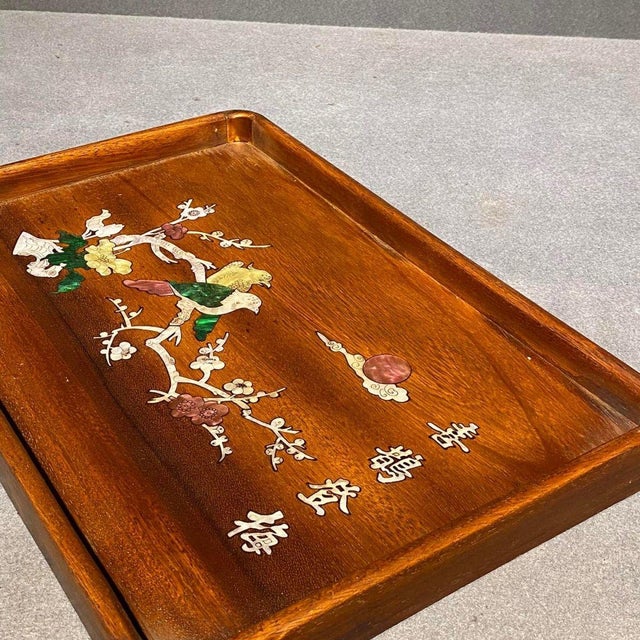 Vintage Chinese Rosewood Tea Tray With Mother of Pearl Bird & Flower Inlay For Sale In Los Angeles - Image 6 of 9