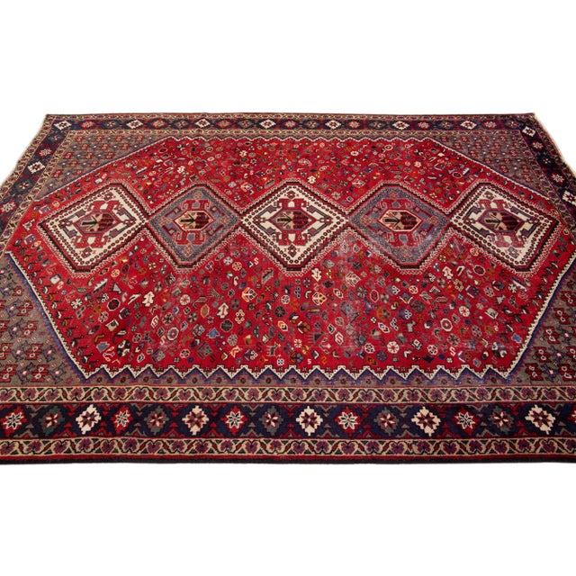 1960s 1960s Vintage Persian Shiraz Handmade Red Medallion Wool Rug For Sale - Image 5 of 7