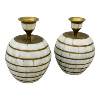 1970’s Vintage Indian Tessellated Mother of Pearl, Shell Candlestick Holders With Brass Trim- A Pair For Sale