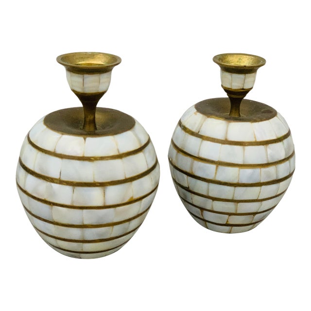 1970’s Vintage Indian Tessellated Mother of Pearl, Shell Candlestick Holders With Brass Trim- A Pair For Sale