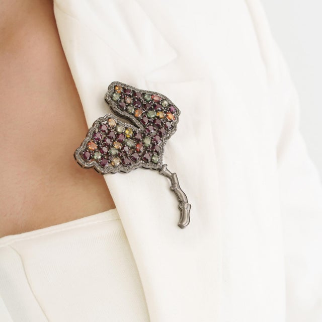 Tutti Frutti 8Ct Multi Gem & Diamond Ginkgo Leaf Brooch Pendant in Oxidized Sterling Silver For Sale - Image 9 of 14