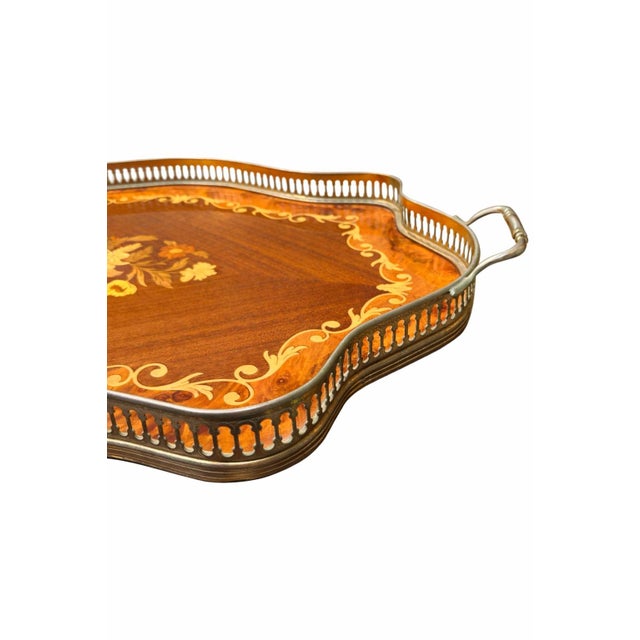 Large Mid-Century Italian Inlaid Wood Serving Tray With Metal Gallery, C. 1960s For Sale - Image 4 of 6