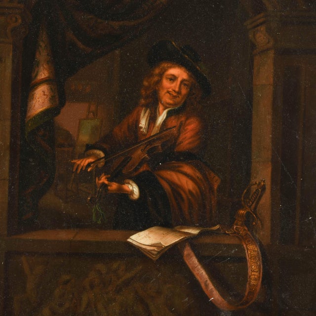 This Antique Oil on Metal Gerrit Dou-Style The Violin Player depicts a finely dressed man seated in a stone archway,...