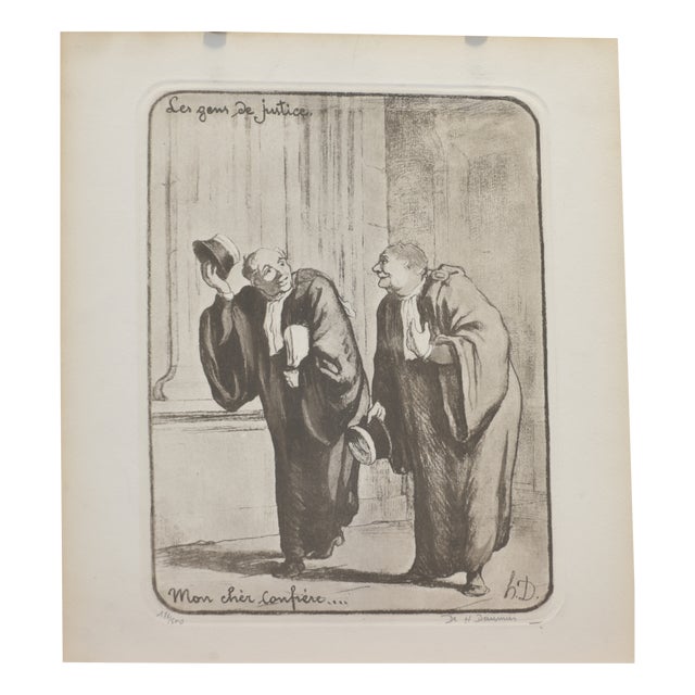 Mon Chere Confrere, Honore Daumier, Circa 1855, Lithograph Signed Under Glass from the Series Le Gens Du Justice For Sale