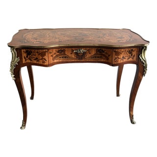 1940s Louis XV Style Inlaid Writing Desk With Ormolu Mounts & Marquetry Top For Sale