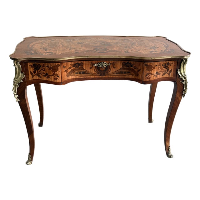 1940s Louis XV Style Inlaid Writing Desk With Ormolu Mounts & Marquetry Top For Sale