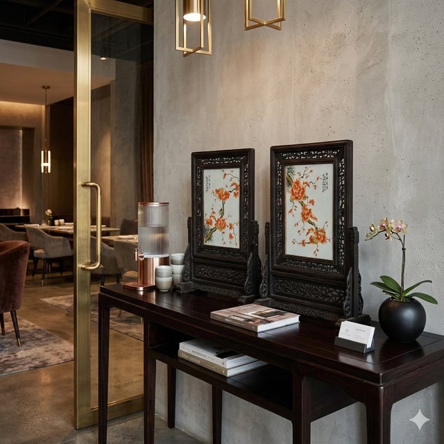 Chinese Orange Blossoms Porcelain Painting Wood Frame Tabletop Screen Art For Sale - Image 4 of 9