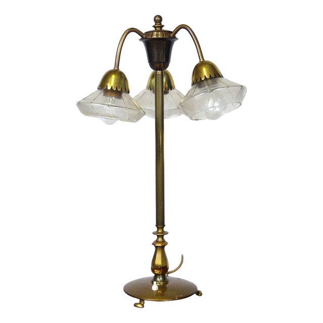 Vintage Brass and Glass Table Lamp, 1920s For Sale