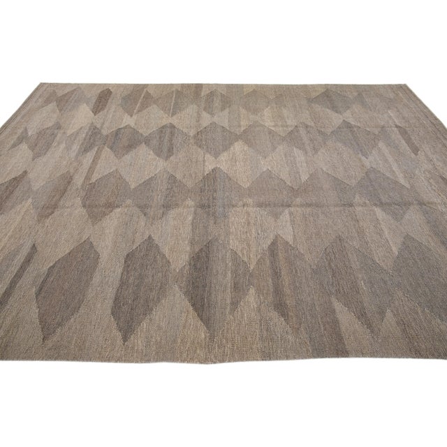 2020s 2020s Brown Flatweave Modern Kilim Wool Rug With Geometric Pattern For Sale - Image 5 of 7