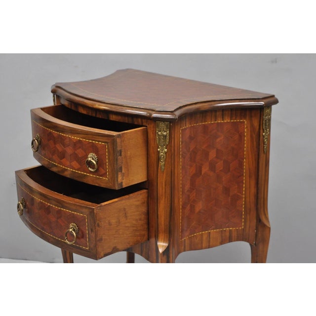 Vintage French Louis XV Style Marquetry Inlay 2 Drawer Nightstand Commode Table For Sale - Image 15 of 16