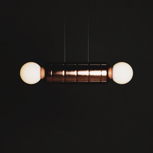 Not Yet Made - Made To Order Modern Horizontal Pendant Light With Ceramic Base – Copper – Handcrafted For Sale - Image 5 of 6