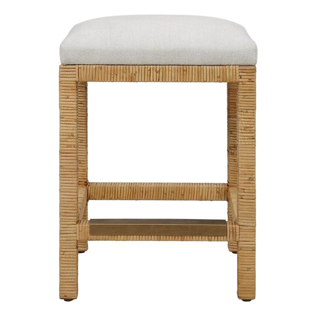 Rattan Wrapped Upholstered Counter Stool For Sale