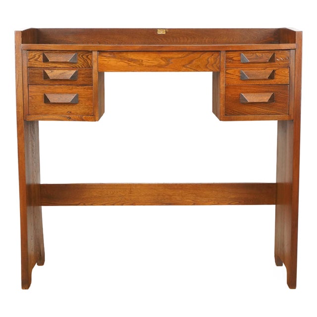 Mid Century Modern Six Drawer Oak Office Desk For Sale