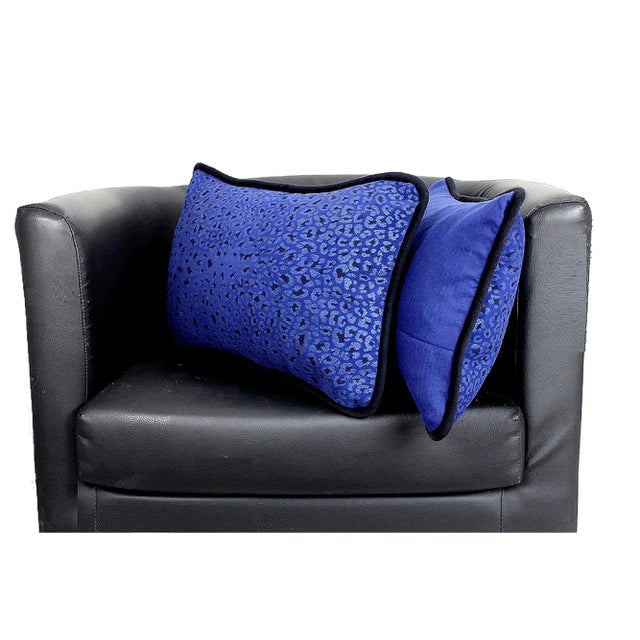 Blue Leopard Cowhide Pillow With Glitter Silver and Piping - a Pair For Sale - Image 8 of 12