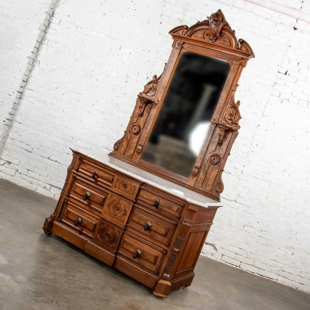 Antique Victorian Mirrored Dresser in Walnut & Burl Walnut With White Marble Top For Sale - Image 4 of 13