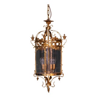 Cylindrical Lantern in Louis XVI Style Brass Glass Pendant Lighting For Sale