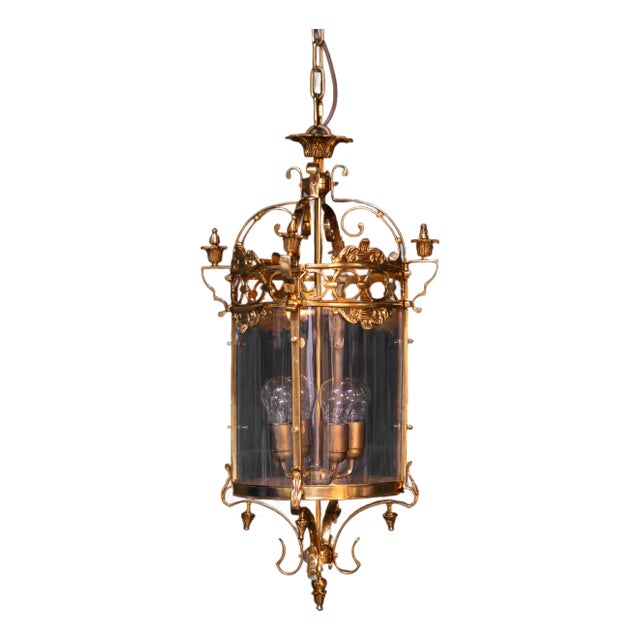 Cylindrical Lantern in Louis XVI Style Brass Glass Pendant Lighting For Sale