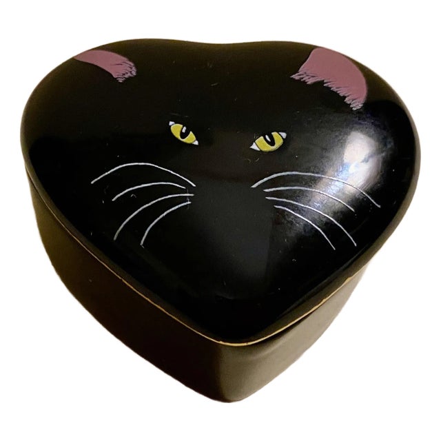 Valentine Whiskery Black Cat Otagiri Heart Ceramic Box Design by Cheryl Fleischer For Sale