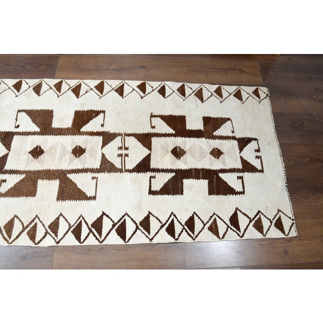1970s 1970s Vintage Handmade Wool Cotton Beige Brown Runner Rug For Sale - Image 5 of 11
