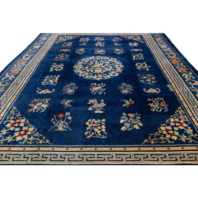 Antique Chinese Wool Rug – Blue Field, Floral Medallion, Early 20th Century For Sale - Image 11 of 11