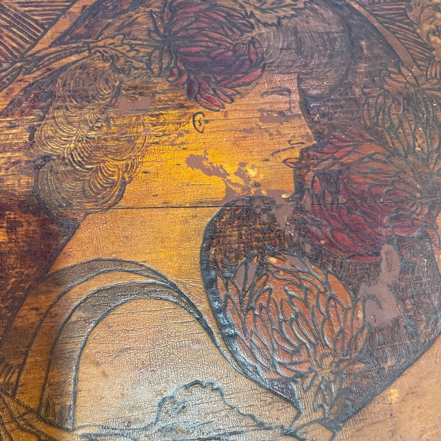 Art Nouveau 1900s Art Nouveau Pyrography Stand Wooden With a Beautiful Lady For Sale - Image 3 of 12