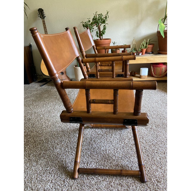 1970s Vintage Telescope Leather and Bamboo Director Chairs- Set of 2 For Sale - Image 4 of 8