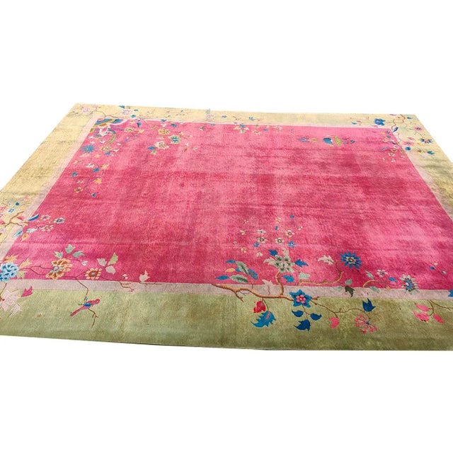 1920s 1920s Raspberry Pink Open Field Floral Antique Chinese Art Deco Carpet Wool Rug For Sale - Image 5 of 12