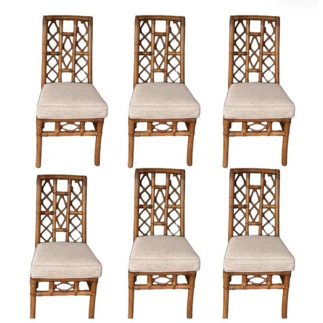Camel McGuire Refurbished Rattan Stacked “Sheaf of Wheat” Pedestal Table. Boasts a Thick 3/4 Inch Clear Glass Beveled Top. For Sale - Image 8 of 8