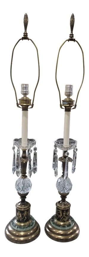 1940s Crest Company French Empire Crackle Crystal Glass and Brass Table Lamps - a Pair