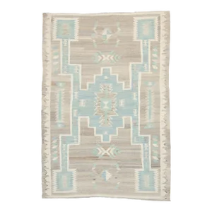 Contemporary Navajo-Style Geometric Gray Blue Brown Mint Wool Handwoven Kilim - 6’5” X 9’3”