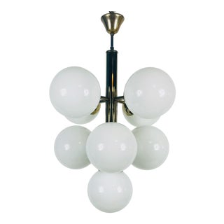 1960s Mid-Century Modern 9-Arm Opaline Glass and Chrome Chandelier by Kaiser, Germany For Sale