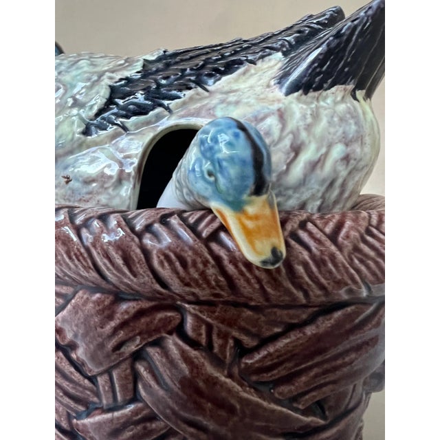 Ceramic Bordallo Pinheiro Lidded Duck Figure Soup Tureen With Baby Duck Spoon For Sale - Image 7 of 10