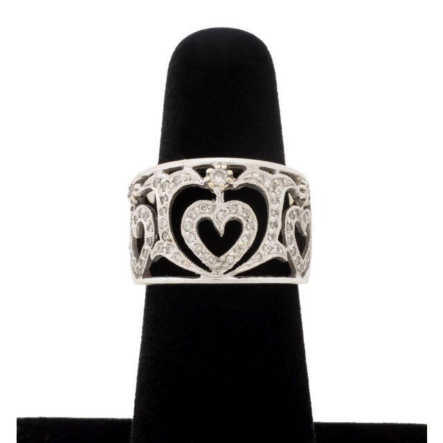 Heart Motif Openwork Pave Diamond and 18k White Gold Ring For Sale