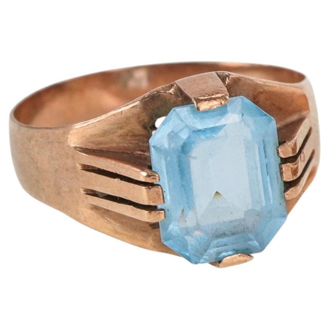 Blue 10k Yellow Gold With Faceted Blue Gemstone Ring For Sale - Image 8 of 8