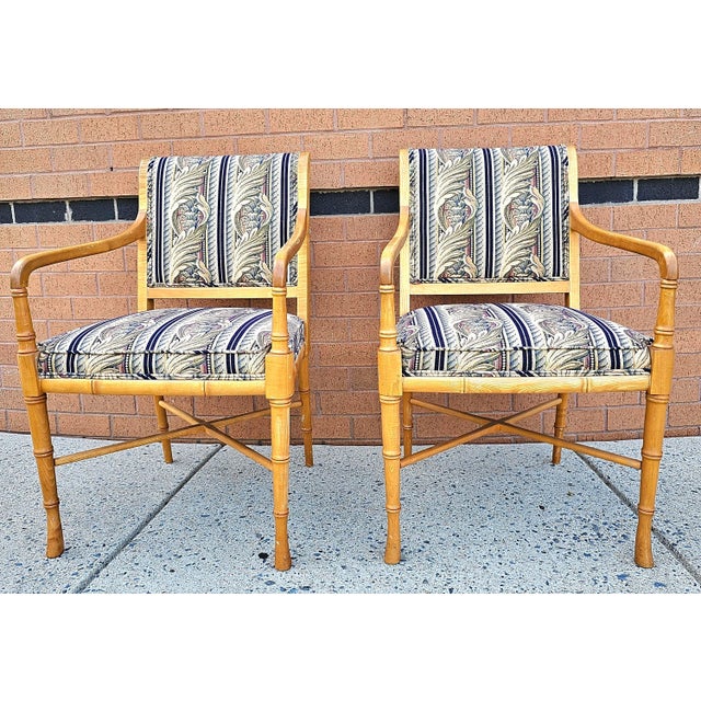 Late 20th Century Maple Faux Bamboo Tapestry Upholstered Arm Chairs, a Pair For Sale - Image 5 of 6