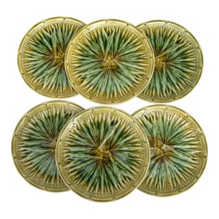 Set of 6 French Majolica Palm Plate Sarreguemines, Circa 1870 For Sale
