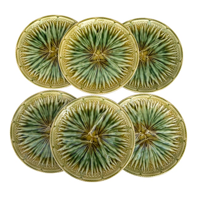 Set of 6 French Majolica Palm Plate Sarreguemines, Circa 1870 For Sale