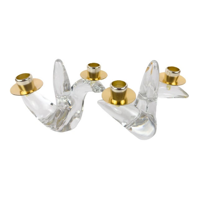 Pair of Mid-Century Schneider Crystal & Brass Candlestick Holders, France For Sale