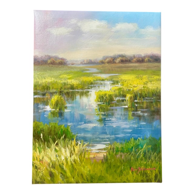 Marsh Coastal Landscape Oil Painting on Canvas by K. Hanna – 12" X 16" For Sale